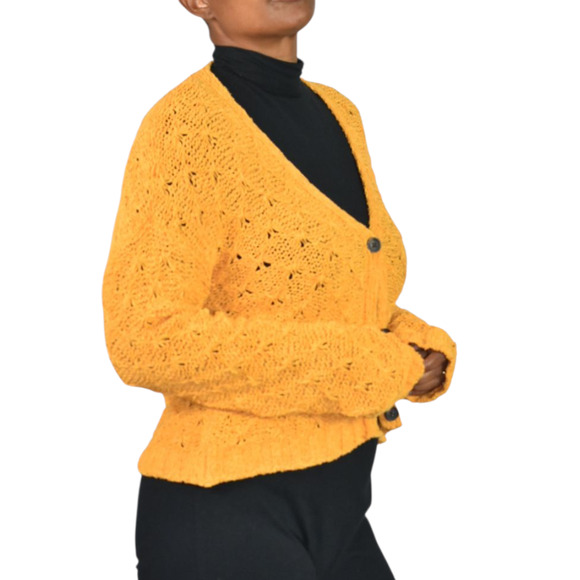 American Eagle Cropped Cardigan Sweater Yellow Slouchy Crochet Knit Boxy XS - Picture 11 of 13